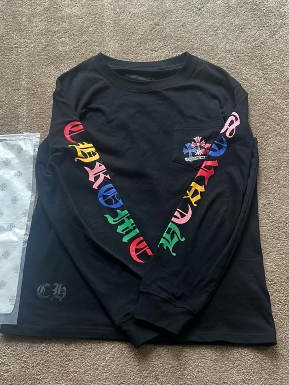 Black Long-Sleeve Pocket Tee with Rainbow Script